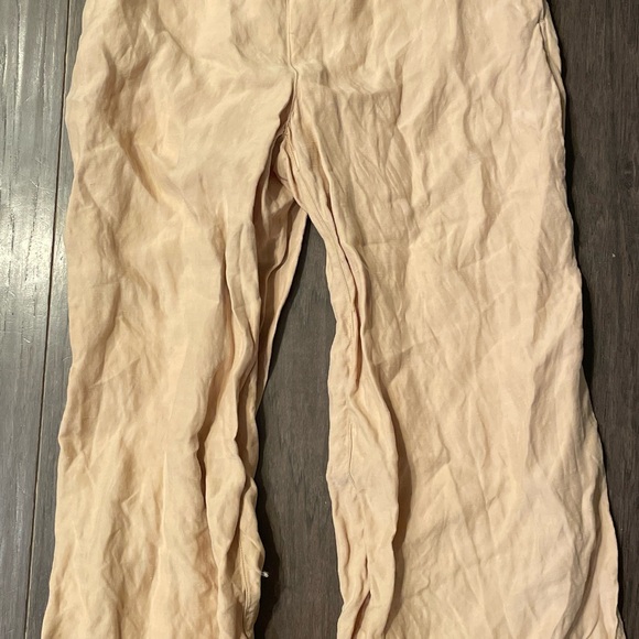 HALSTON Wide Leg Linen Blend Pants Beige Metallic Thread Elastic Waist Women's M - Picture 3 of 10